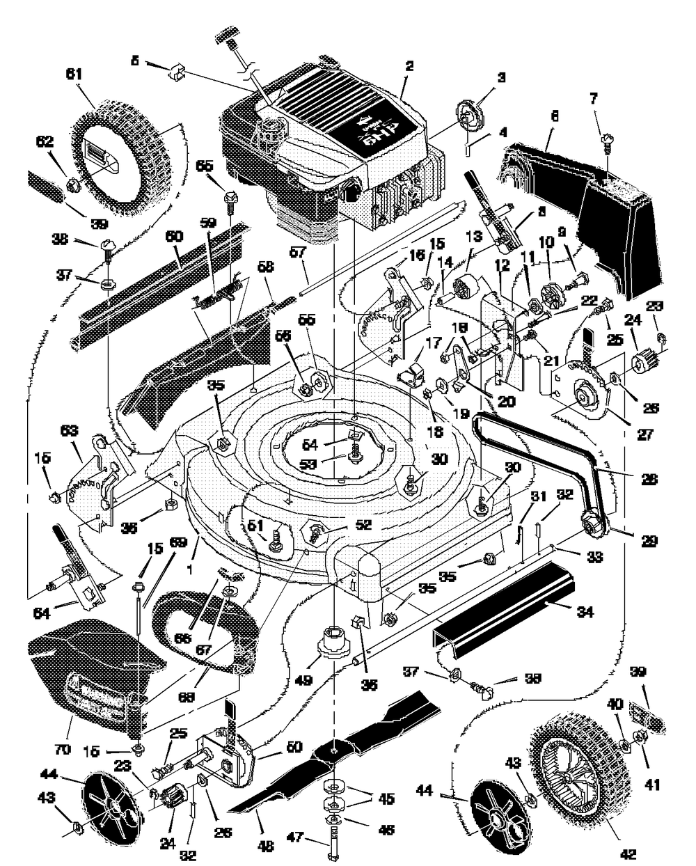 Mower Housing Assembly Diagram and Parts List for 20705X6A 1997 Briggs and Stratton Lawn Mower